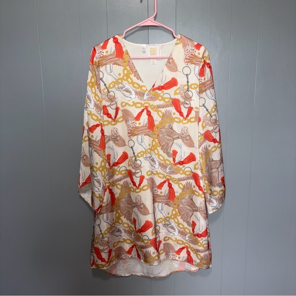 Emily McCarthy Long Sleeve Orange and Gold Chain Print Dress Small - Picture 1 of 5